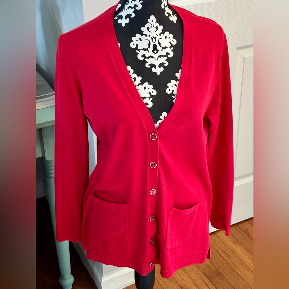 Talbots Womens Red V Neck Cardigan Button Up/Pockets Small Petite Red Buttons